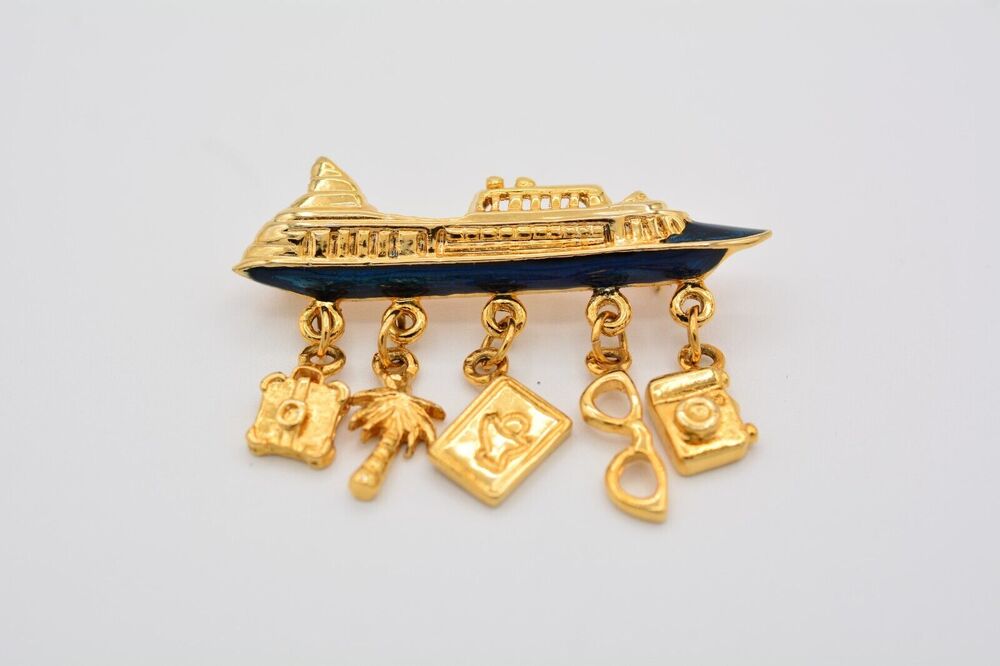 Jo Jo Vintage Cruise Ship Pin Brooch Charm Black Enamel Gold Tone 90s BinAT